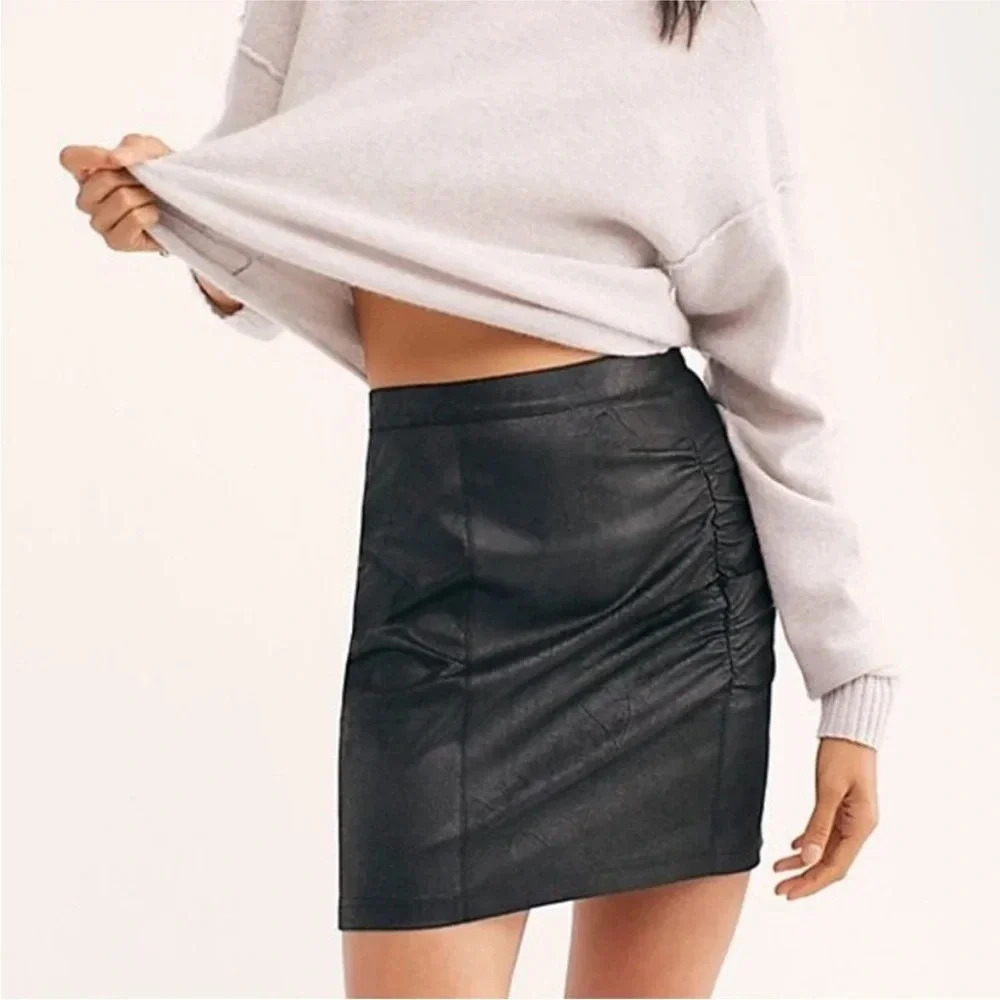 FREE PEOPLE Black Ruched Faux Leather Mini Skirt NWT